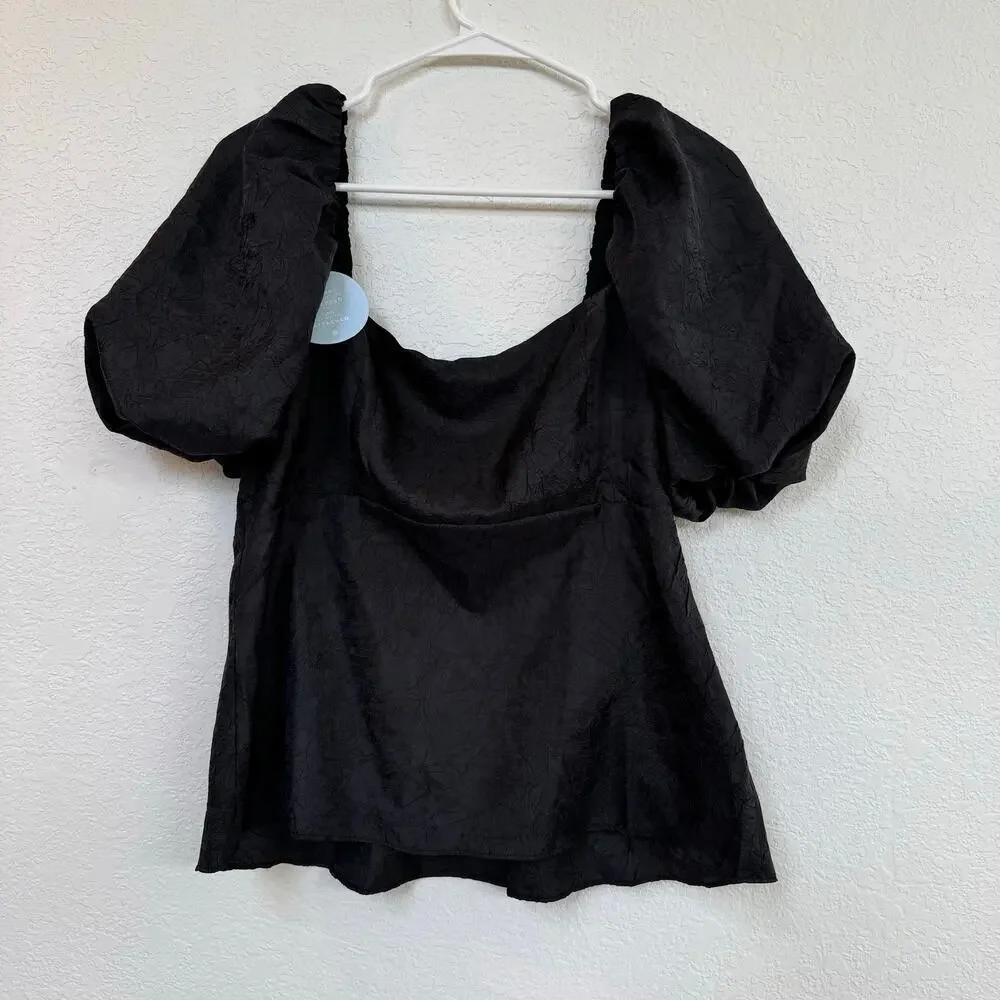 NWT Hill House Matilda Top Black Taffeta Puff Sleeves Large Milkmaid Coquette